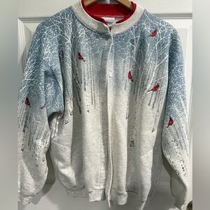 VTG Artisans Blue Gray Cardigan Aspen Cardinal Design Red mock layer collar